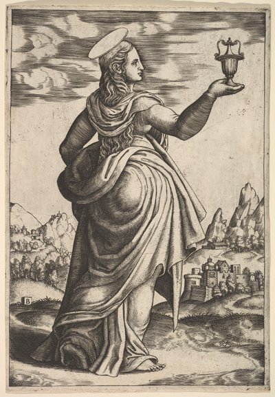 The Magdalene standing facing right, jar held in her raised right hand, 1530-60 by Master of the Die