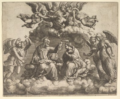 The Coronation of the Virgin, Christ Holding the Crown Over Her Head, God the Father Blessing by Master of the Die