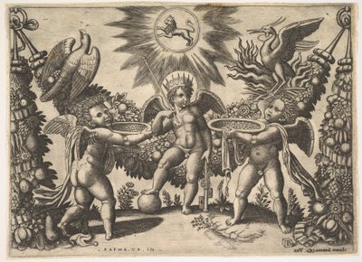 Two Putti Presenting Cups Full of Gold to a Putto in the Guise of the God of Riches by Master of the Die