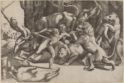 Five Men Fighting Beasts by Master of the Die after Giulio Romano