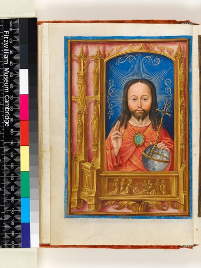 Illuminated Manuscript. Book of Hours, folios 13 verso: Salve sancta facies, Christ as Salvator mundi holding orb and blessing, architectural border with saints in niches and St Veronica with the Vernicle, 1510 by Master of the Dresden Prayer Book
