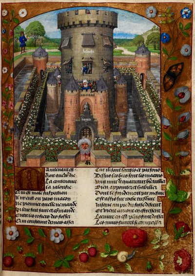 Bel Acueil (Fair Welcome) imprisoned by Jalousie (Jealousy) in a tower guarded by soldiers, from 