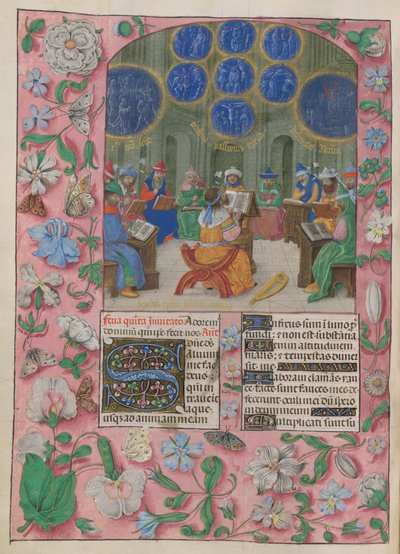 David and the Temple singers. The Psalter. David and the Temple singers. The singers carry allegorical flowers, beneath visions of the Passion, the sufferings of the martyrs, and the destruction of Jerusalem. David