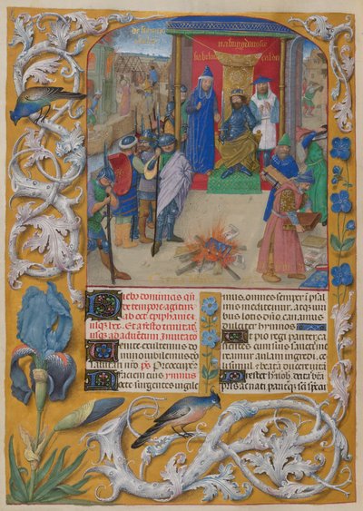 Nebuchadnezzar burning the books. Psalter. Nebuchadnezzar presides over the burning of books at the destruction of Jerusalem. Psalm 1. Border of trompe l