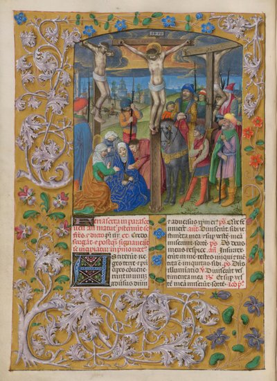 Temporale (1st portion: from First Sunday of Advent to Holy Saturday). The Crucifixion (Good Friday). Border with floral decoration. Two columns of text with two initials. by Master of the Dresden Prayer Books