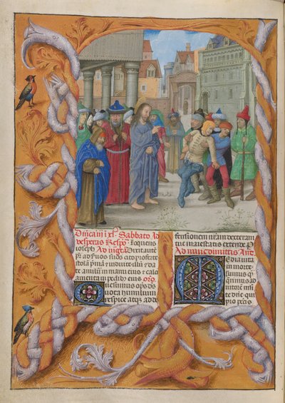 Temporale (1st portion: from First Sunday of Advent to Holy Saturday). Christ casting out a dumb devil (Third Sunday of Lent). Border and two columns of text, with initials. by Master of the Dresden Prayer Books