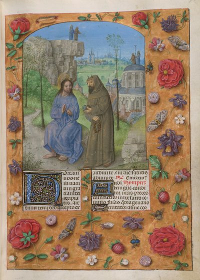 Temptation of Christ. The Temporale; Lent 1. Christ with the devil, dressed as a monk, holding a stone. Behind, the other temptations; Christ and the devil on a rock, and on the dome of the Temple. Text with decorated initial 