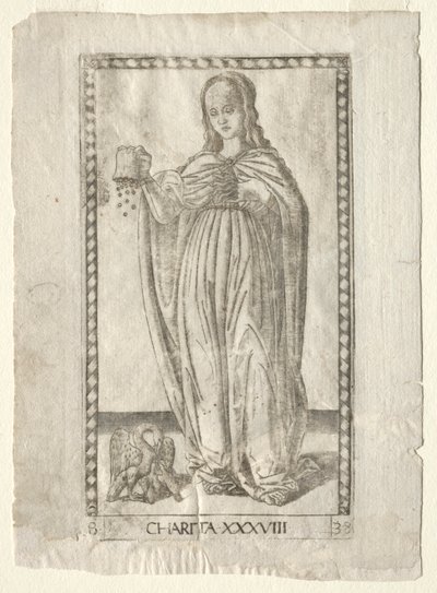 Charity from the Tarocchi, series B: Cosmic Principles & Virtues, #38, before 1467 by Master of the E Series Tarocchi
