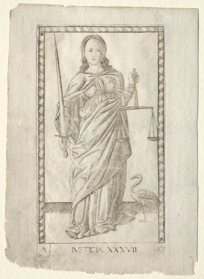 Justice from the Tarocchi, series B: Cosmic Principles & Virtues, #37, before 1467 by Master of the E Series Tarocchi