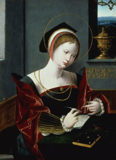 Portrait of a lady writing by Master of the Female Half Lengths