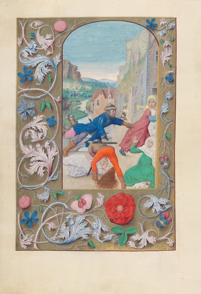 Hours of Queen Isabella the Catholic, Queen of Spain: Fol. 146v, Massacre of the Innocents and Flight into Egypt by Master of the First Prayerbook of Maximillian