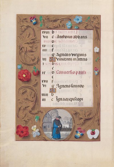 Hours of Queen Isabella the Catholic, Queen of Spain: Fol. 2v, January - Snow Landscape by Master of the First Prayerbook of Maximillian