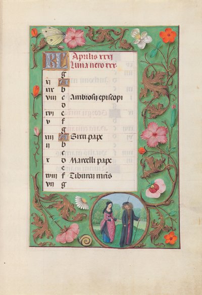 Hours of Queen Isabella the Catholic, Queen of Spain: Fol. 5r, April - Squire and Damsel by Master of the First Prayerbook of Maximillian