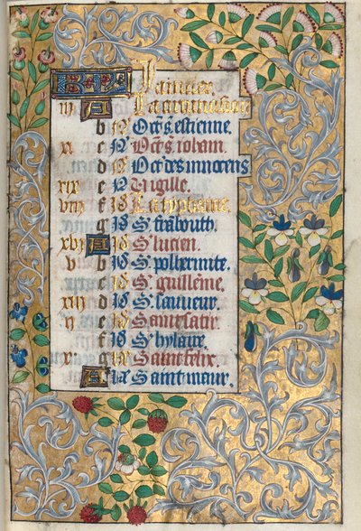 Book of Hours Use of Rouen: fol. 1r, Elaborate Foliated Border by Master of the Geneva Latini