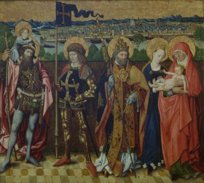 St. Anne, the Virgin and Child, St. Christopher, St. Gereon and St. Peter in a Landscape, showing Cologne and the Seven Hills, c.1460-80 by Master of the Glorification of Mary
