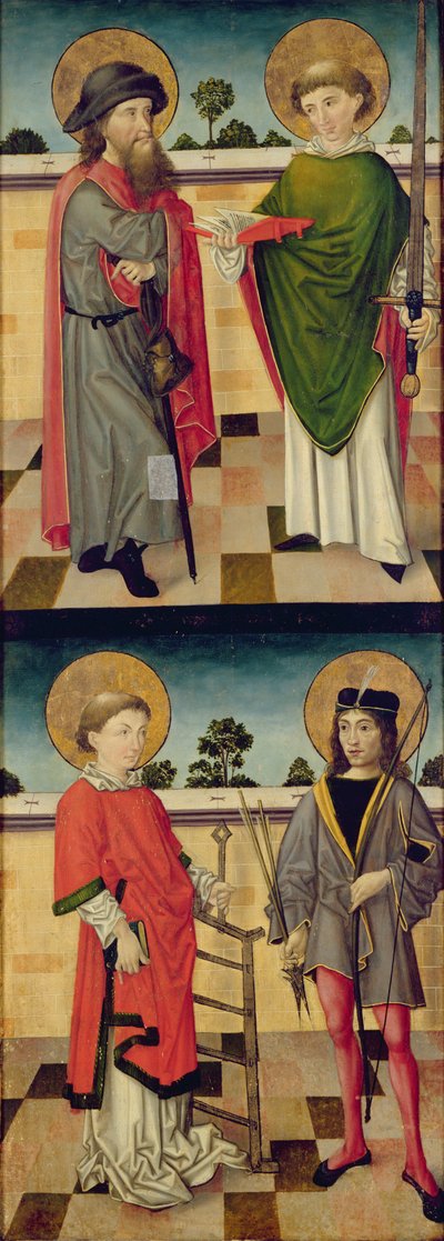 Top: St. Jacob as a Pilgrim and St. Matthew Holding a Book and a Sword; Bottom: St. Lawrence Holding a Grid Iron and St. Sebastian Holding a Bow and Arrow, reverse of a panel from an altarpiece by Master of the Luneburg Footwashers