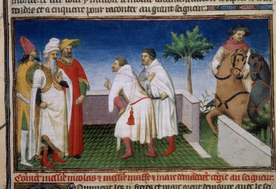 Matteo and Niccolo, the Polo brothers ask for leave from the Qubilai (Kubilai Khan, first emperor of the Mongolian Yuan dynasty). Miniature taken from The Book of Wonders (Deviation of the World, Il Milione) by Master of the Mazarine