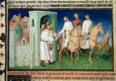 Matteo and Niccolo, the Polo brothers leaving Venice. Miniature taken from 