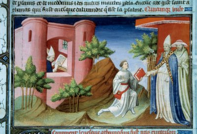 Pope Julius I met the Messenger of Athanasius of Alexandria at the time of the Council of Sardic. The messenger came to defend the position of the patriarch in exile in Alexandria. Miniature in The Book of Wonders of the World by Master of the Mazarine