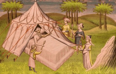 The mongolian leader Gengis Khan on his death bed giving his last recommendations to his sons, c.1410 by Master of the Mazarine