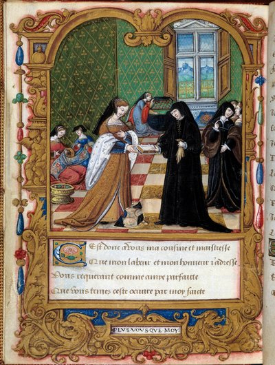 Margarita of Angouleme (1492-1549) Queen of Navarre presents her book to the Duchess of Etampes and favorite of Francois I Anne Pisseleu. Page taken from the manuscript La coche ou Debat d