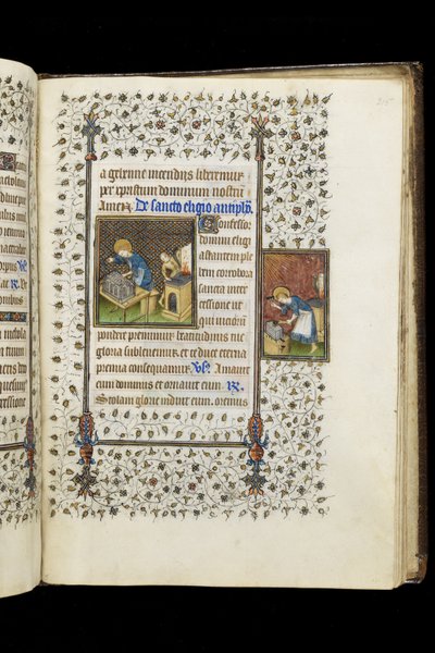 St. Eligius Making a Shrine; St. Eligius at an Anvil, from a Book of Hours by Master of the Rohan Hours