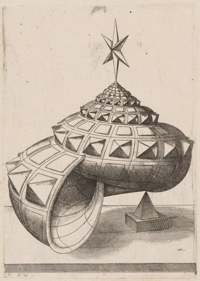 A Perspective of a Faceted Snail Shell Balanced on a Pyramid by Mathis Zündt, after Hans Lencker