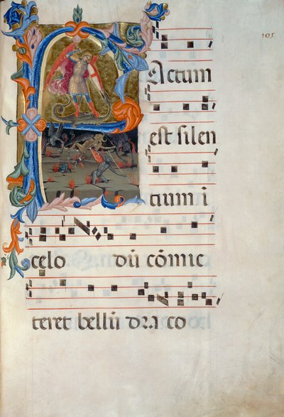 St. Michael Archangel defeats the demons, miniature attributed to Matteo Torelli, from an antiphonary dating to 1394 (Corale 5, c. 105v) by Matteo di Filippo Torelli
