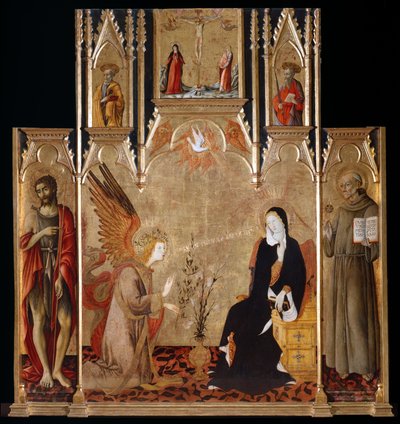 Annunciation with Saints John the Baptist, Bernardine of Siena; Crucifixion, Saints Peter and Paul by Matteo di Giovanni