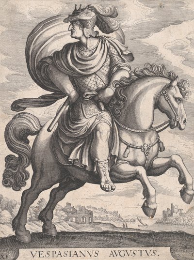 Emperor Vespasian on Horseback, from the series The First Twelve Roman Caesars, plate 1..., 1610-50 by Matthaus Merian
