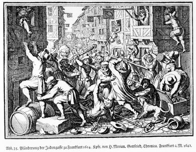 Plundering the Jewish Alley during the Fettmilch riots in Frankfurt on 22 August by Matthaus the Elder (after) Merian