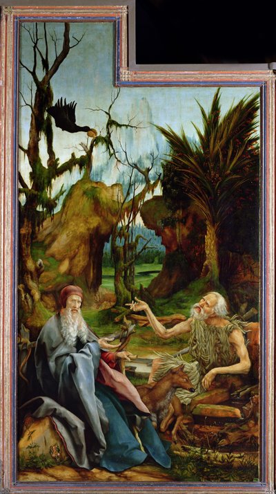 The Isenheim Altarpiece. Left Wing: Meeting of Saint Anthony and Saint Paul the Anchorite by Matthias Grünewald