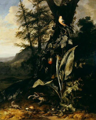 A Forest Floor with a Toad and a Lizard, a Bullfinch on a Branch of Ivy above, and a Mountain beyond by Matthias Withoos