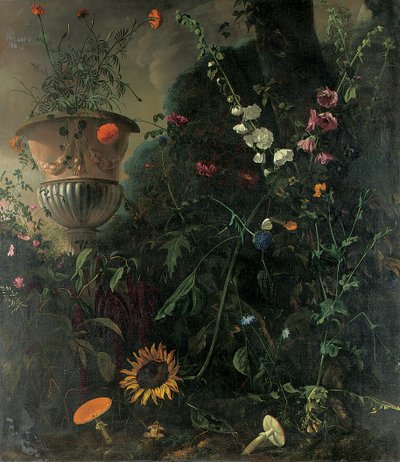 Hollyhocks, Roses, a Blue-Lace Flower, Sunflower and Toadstools, with Marigolds in an Urn by a Tree by Matthias Withoos