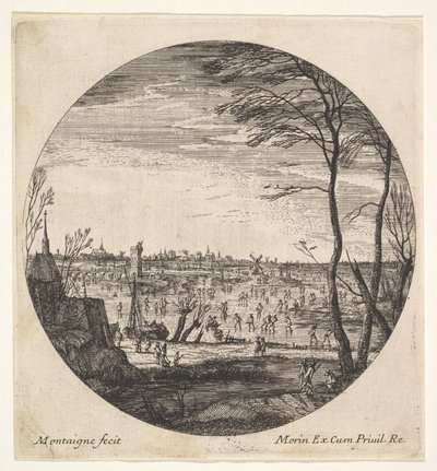Winter Landscape with Figures Skating on a Frozen Body of Water in a Roundel Composition by Matthijs van Plattenberg