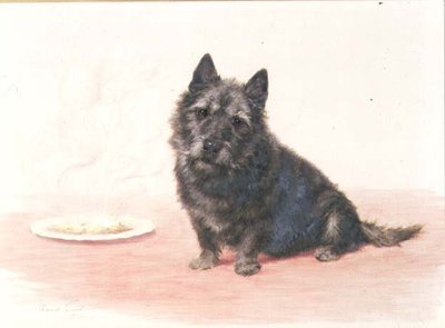 Suppertime - a Scottish terrier sitting by a plate by Maud Earl