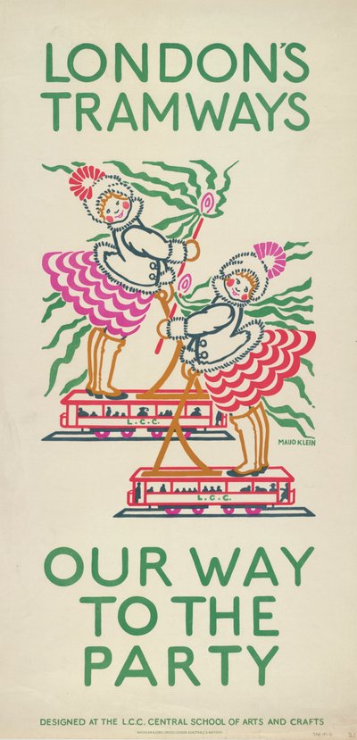 Our Way to the Party, London County Council LCC Tramways poster by Maud Klein