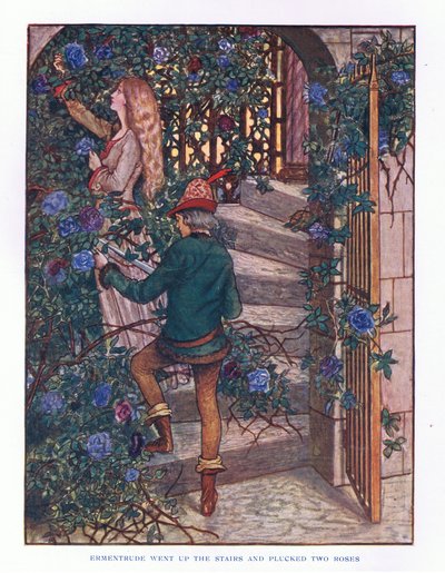 Ermentrude went up the stairs and plucked the roses (illustration from Lady Ann