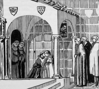 French King Saint Louis (Louis IX 1214-1270) as pilgrim visiting Saint Frere Gilles in Perugia, engraved by Jacques Beltrand after drawing by Maurice Denis by Maurice (after) Denis