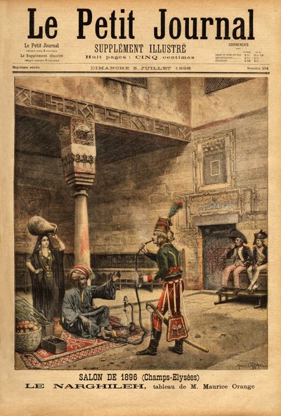 A soldier interrogates an indigenous person about his water pipe during the French campaign in Egypt. Engraving in Le petit journal 5/07/1896. Selva