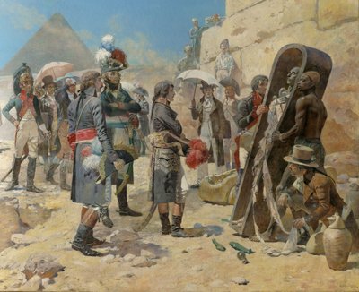 Napoleon Bonaparte in front of the pyramids contemplating the mummy of a king in the countryside of Egypt by Maurice Henri Orange