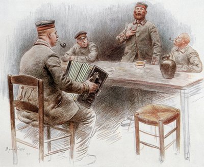 Prisoners playing accordion and singing in the prisoners camp in Dinan by Maurice Henri Orange