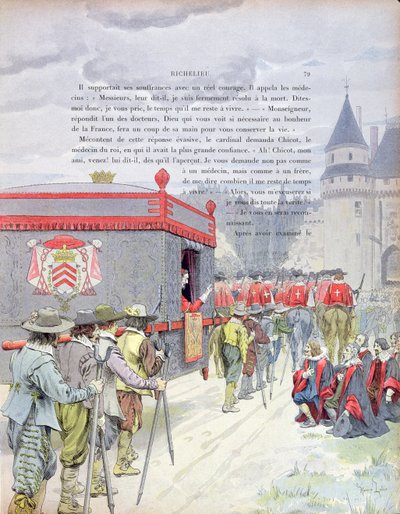 Armand-Jean du Plessis, Cardinal Richelieu travelling in a litter when an old man, illustration from a life of Richelieu by Theodore Camu by Maurice Leloir