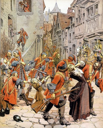 Les Dragonnades: dispersal of a Protestant family by the troops of dragons charged with converting Protestants by Maurice Leloir