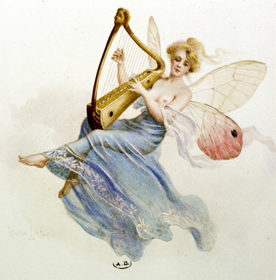 Music: fairy playing the harp. In 