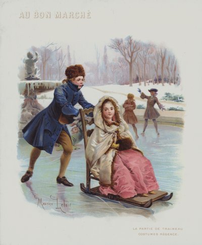 Pushing a Sled on Ice, Costumes of the French Regency Period (1715-1723) by Maurice Leloir