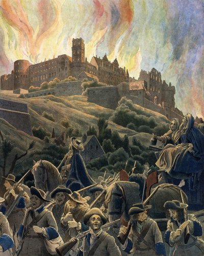 The Fire of the castle of Heidelberg bombed by the French forces of General Ezechiel du Mas, Count of Melac during the War of the League of Augsburg in 1689 and 1693. Chromotypography in Le Roy Soleil (Louis XIV) by Gustave Toutwelve, Illu by Maurice Leloir