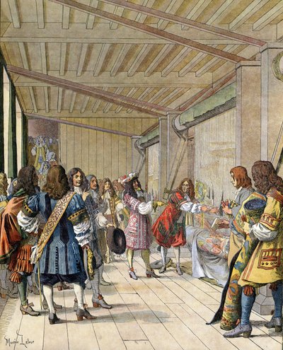 The painter Charles Lebrun explained to Louis XIV, known as Le Roi-Soleil (King Soleil or Louis the Great) by Maurice Leloir