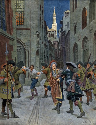 War of the Spanish Succession: The Capture of the Francois of Neufville de Villeroy (1644-1730) during the capture of Cremona by the troops of Prince Eugene (Eugene Francois de Savoie (1663-1736), in 1702. Chromotypography in Le Roy Soleil by Maurice Leloir