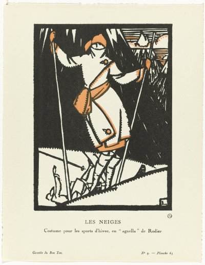 Gazette du Bon Ton, 1920 - No. 9, Pl. 65: The Snows / Costume for Winter Sports, enagnella by Rodier by Maurice Leroy